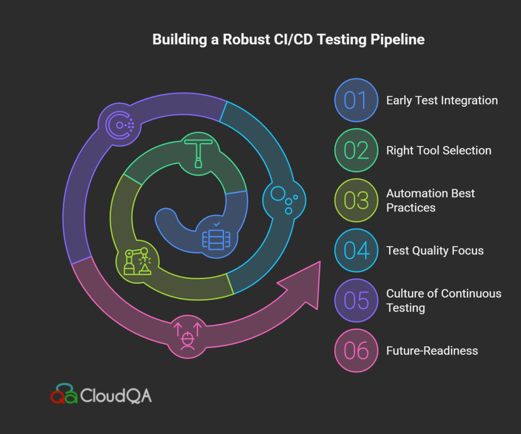 Checklist infographic for building a robust CI/CD testing pipeline with key best practices and future-ready steps.