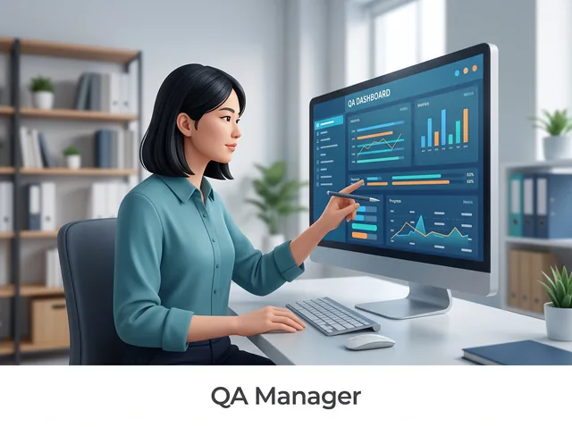 QA manager reviewing a QA metrics dashboard on a large monitor