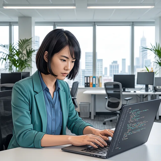 Product team member working on a laptop in a modern office