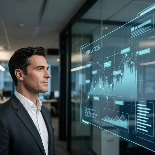 CTO or CIO reviewing an analytics dashboard in an office