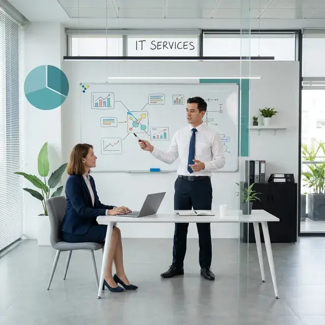IT services team member presenting a plan on a whiteboard to a colleague